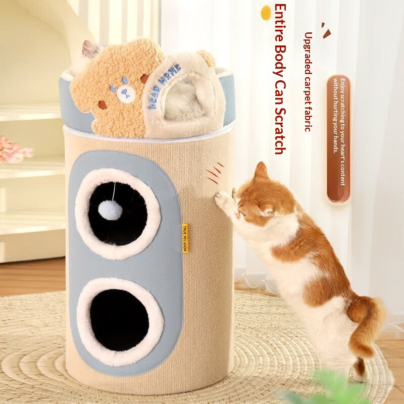 Lit de cadre d'escalade et arbre de chat dans une maison multi-niveaux