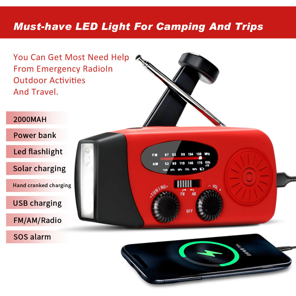 Radio solaire rouge 2000mAh en plastique radio bande complète avec port USB et haut-parleur intégré
