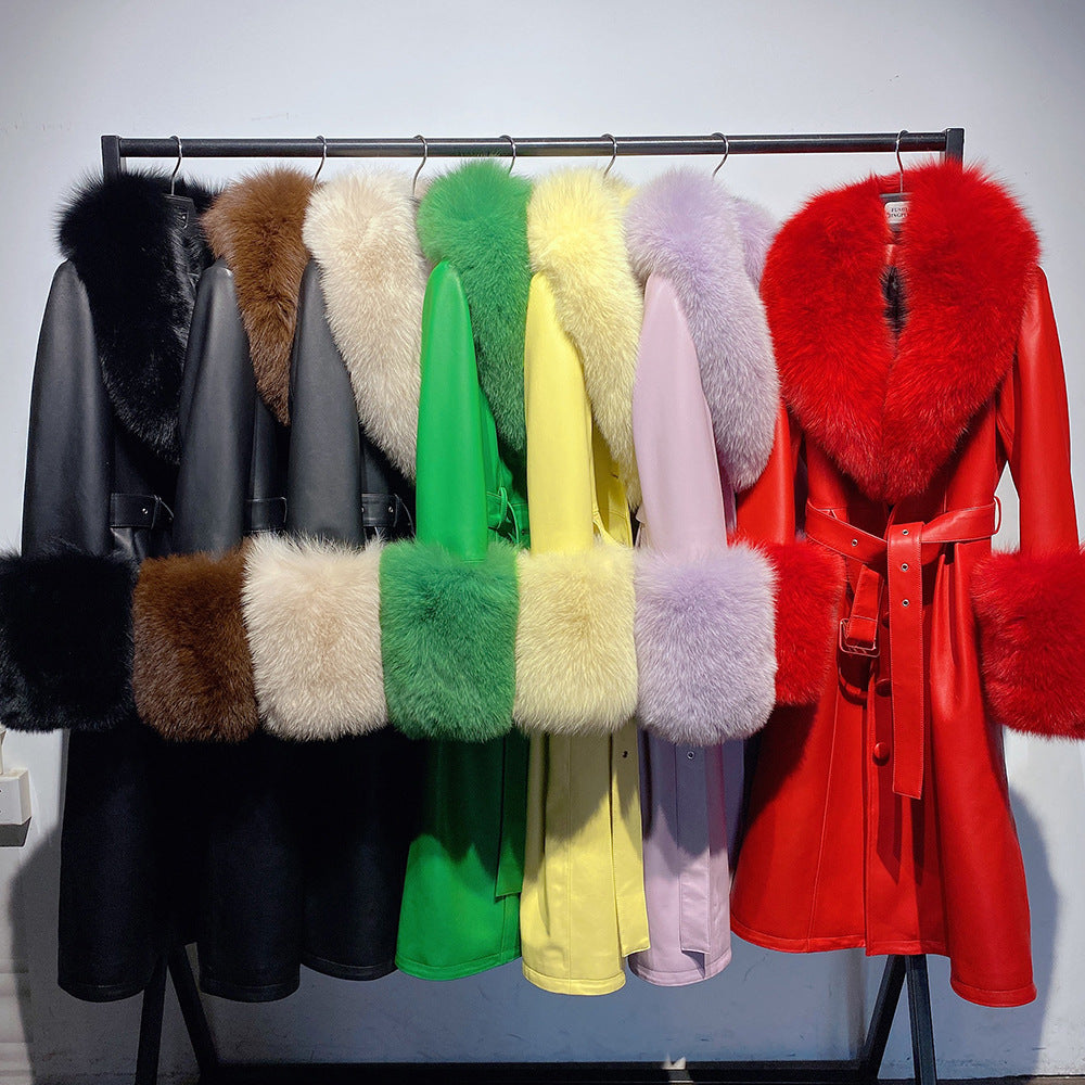 Manteau de fourrure de renard en cuir mince