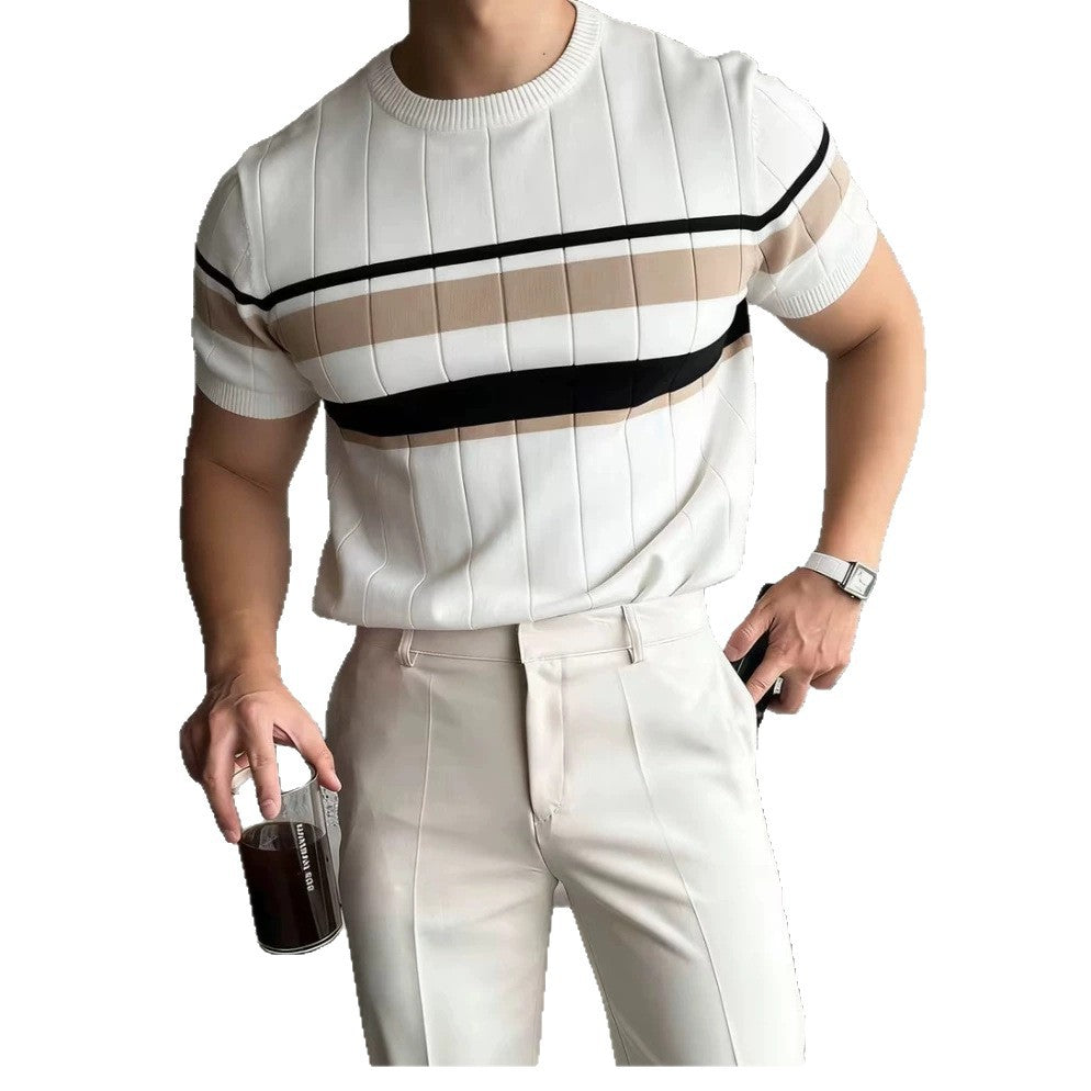 Couleur-Block rayés hommes tricoté manches courtes supérieur casual