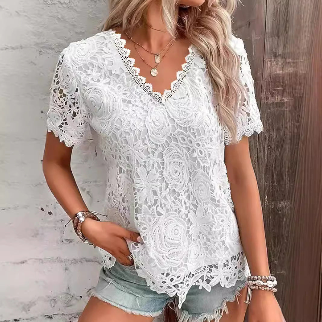 La mode européenne et américaine pour femmes Top polyvalent T-shirt à manches courtes en dentelle sexy