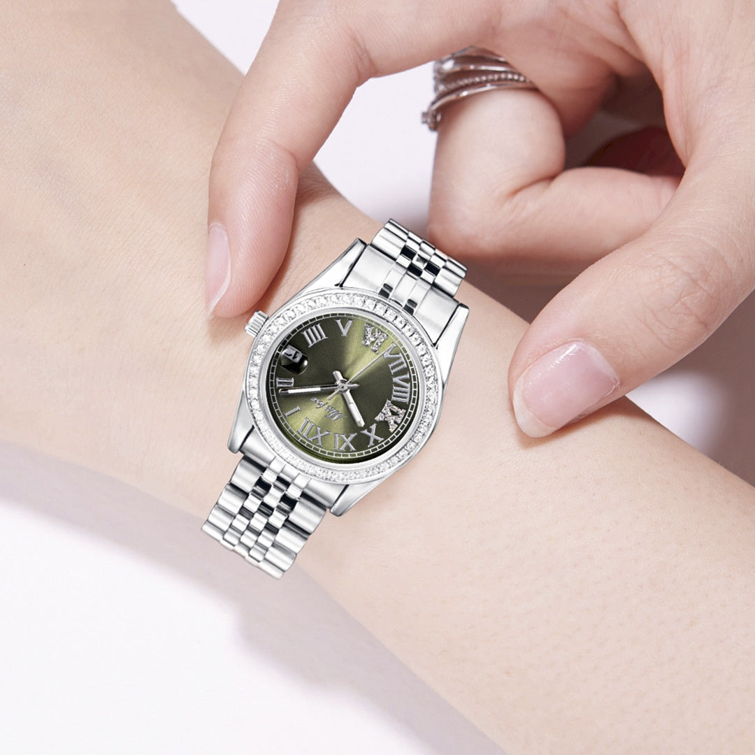 Femmes Élégante Minimaliste Élégante montre en acier inoxydable lumineux avec des Accents Diamant