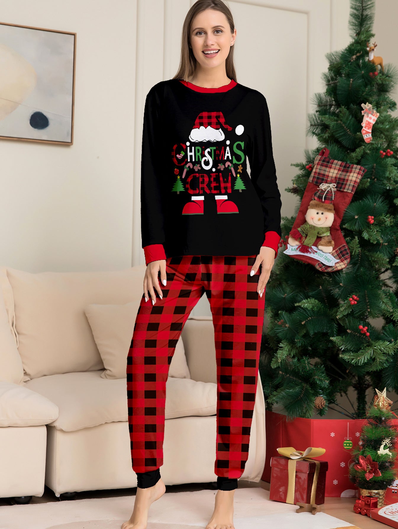 Chapeau de Noël Lettres de dessins animés Plaid rouge et noir imprimé costume de Noël