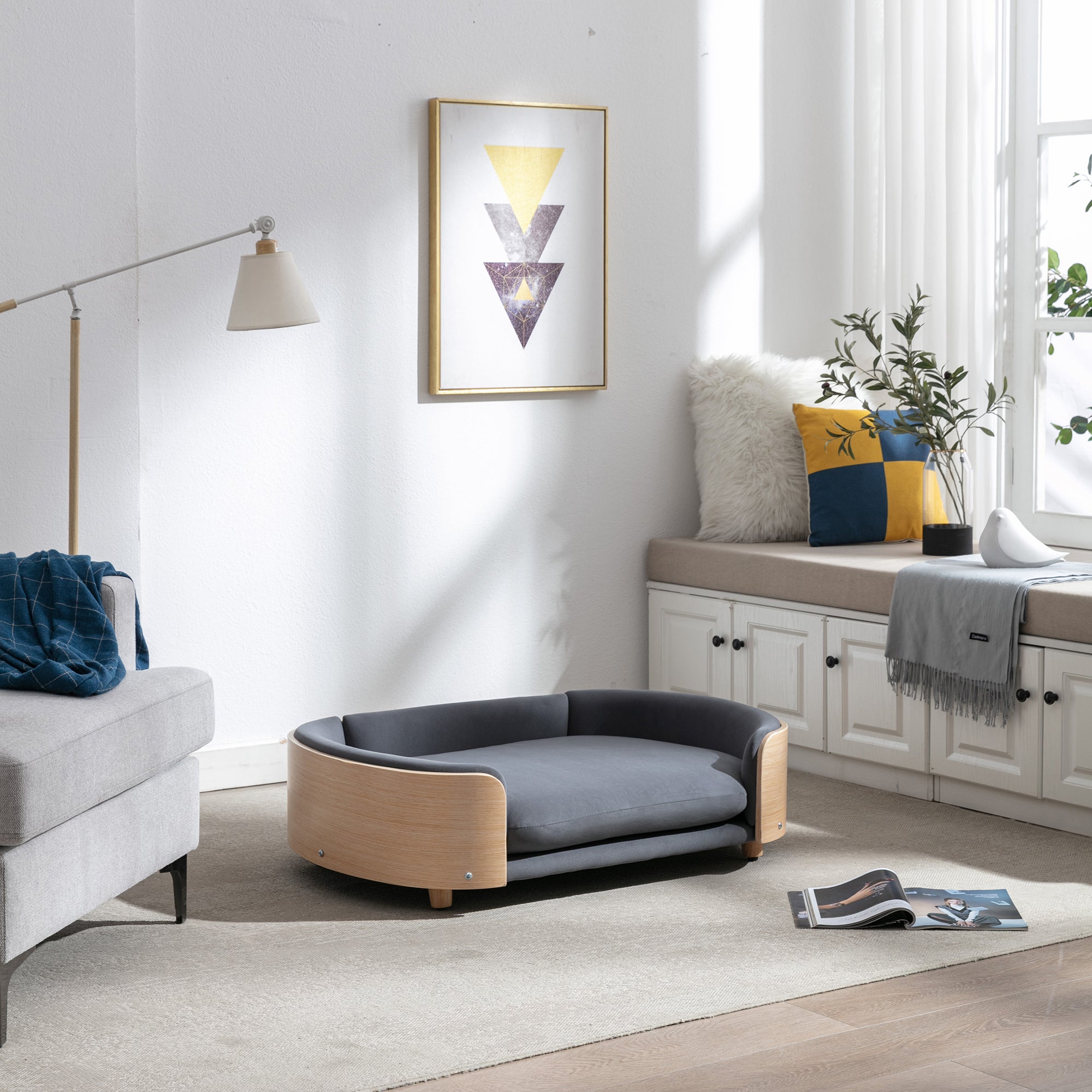 Style scandinave Lit de chien élevé Canapé pour animaux avec pieds en bois massif et dos en bois bent