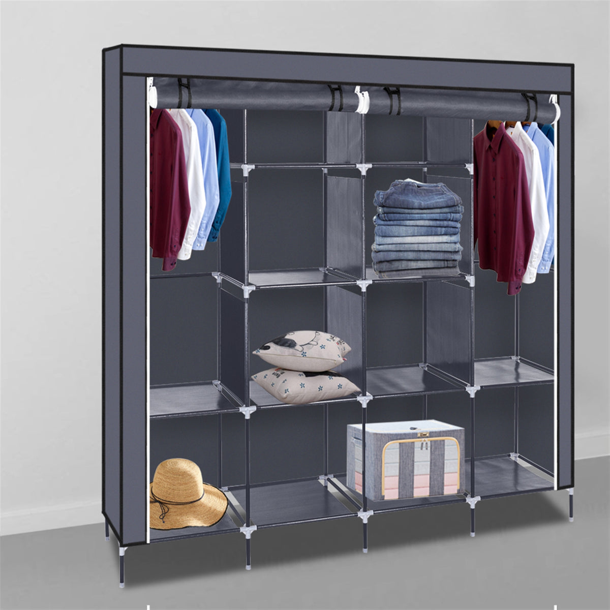Rangement d'armoire portable de 67 pouces Sac de rangement 12 étagères 4 poches latérales Gr