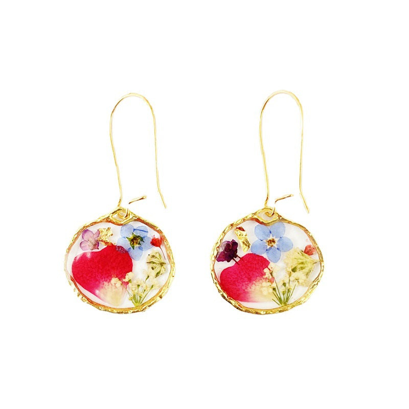 Boucles d'oreilles circulaires irrégulières à fleurs séchées de pétale rose