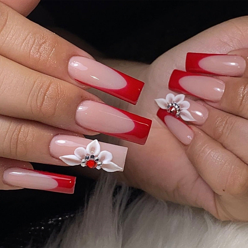 Faux ongles de chaîne en Strass Floral style français pour les femmes