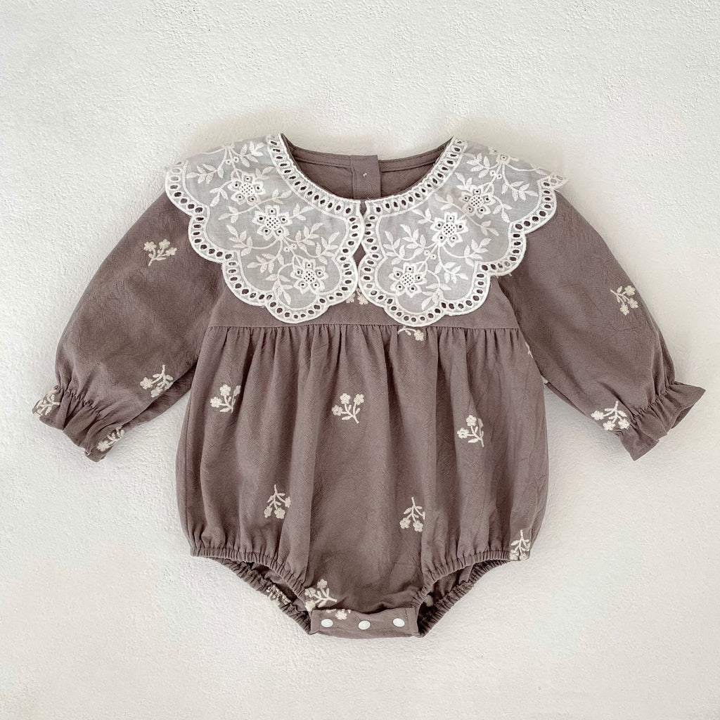 Girls' Lace Romper with Long Sleeves and Embroidery
