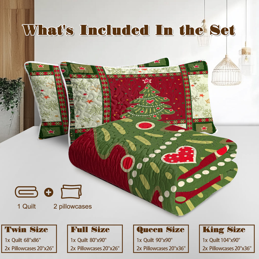 3 pièces Mignon arbre de Noël jeu de courtepointe rouge vert flocons de neige motif couvre-lit léger C