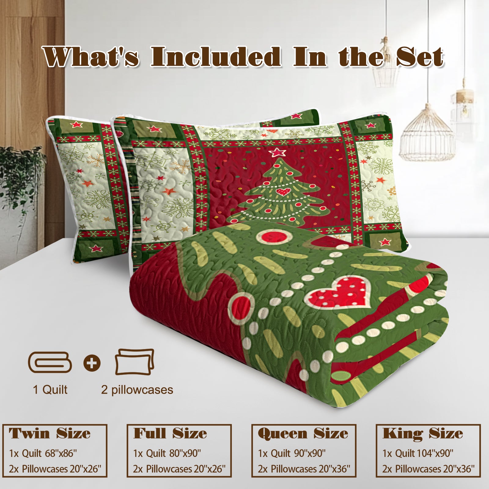 3 pièces Mignon arbre de Noël jeu de courtepointe rouge vert flocons de neige motif couvre-lit léger C
