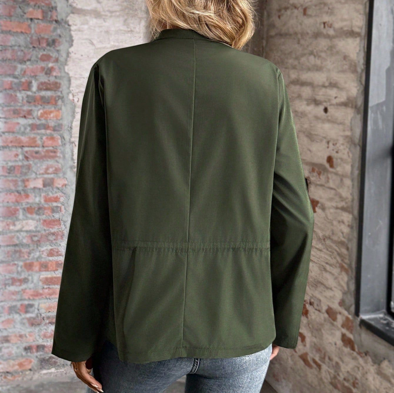 Manteau à manches longues pour femme Solide-colore Drawstring courte veste avec un lapel
