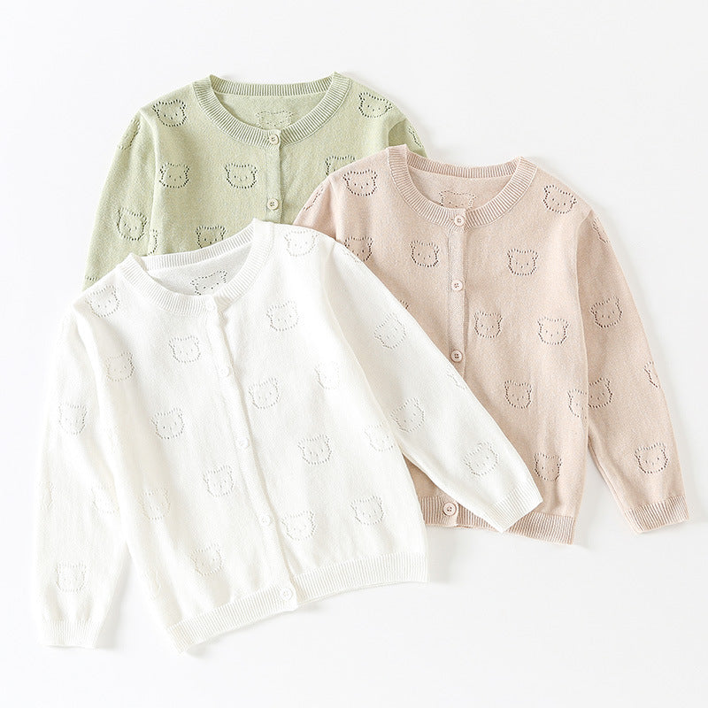 Cotton pour enfants en tricot Cardigan printemps été mince long patron ours poitrine unique