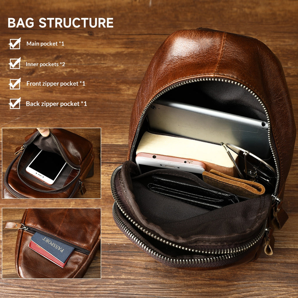 Homme Épaule plein-grain Casual Minimalist sac poitrine Grande capacité Cuir véritable