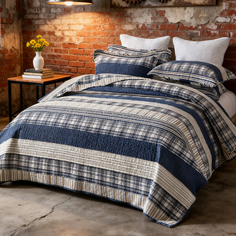 Cotton Reversible Quilt Bedspread Set Nautical Classic Stripe Navy Blue Beige Windowpane Check 3-Piece All Season Lightweight Full Queen 90X98 & King