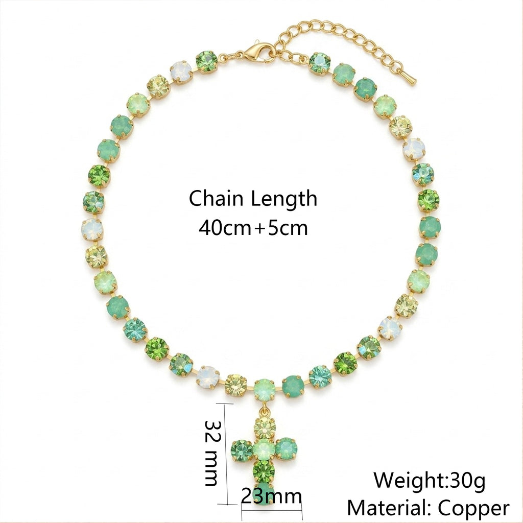 European and American Gemstone-Inlaid Multicolor Layered Mode Tassel Cross Collier Wit