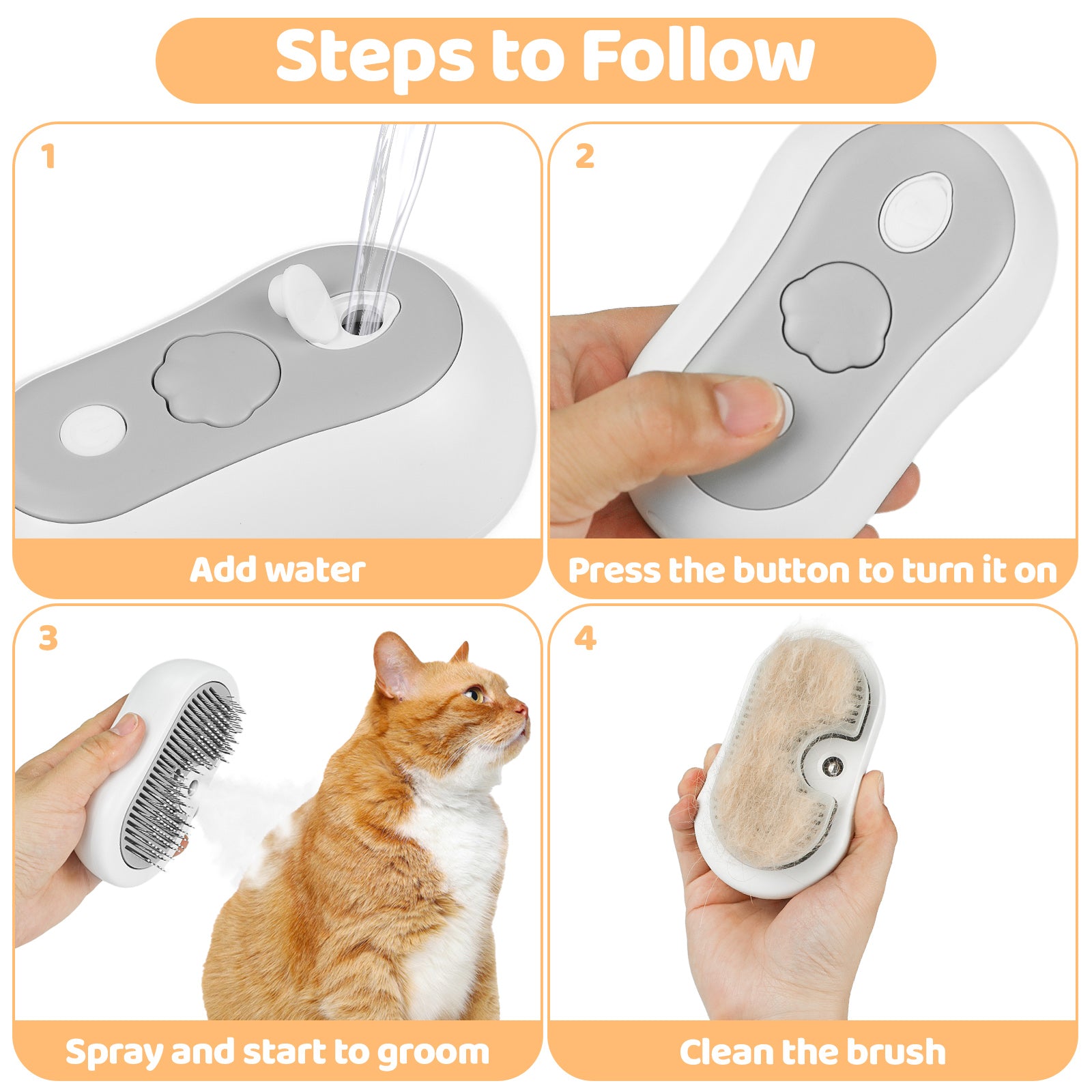 Brosse à vapeur pour chat - Brosse pour chat pour cheveux courts et longs