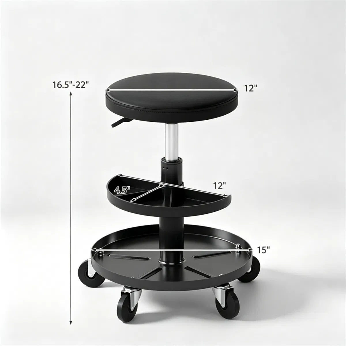 Tabouret mécanique à rouleaux réglable noir avec bacs de stockage d'outils de 2 étages