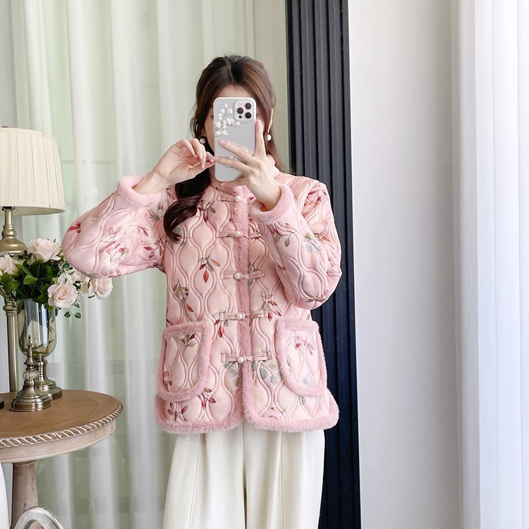 Femmes Retro Grenouille-Button Floral Velvet-Line de coton rembourré