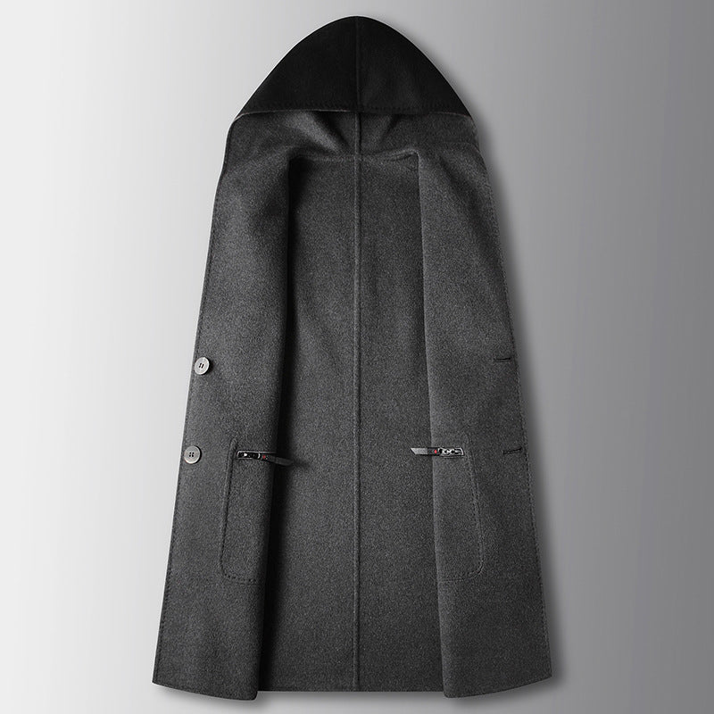 Manteau de laine mi-longueur homme avec un style réversible à la hotte