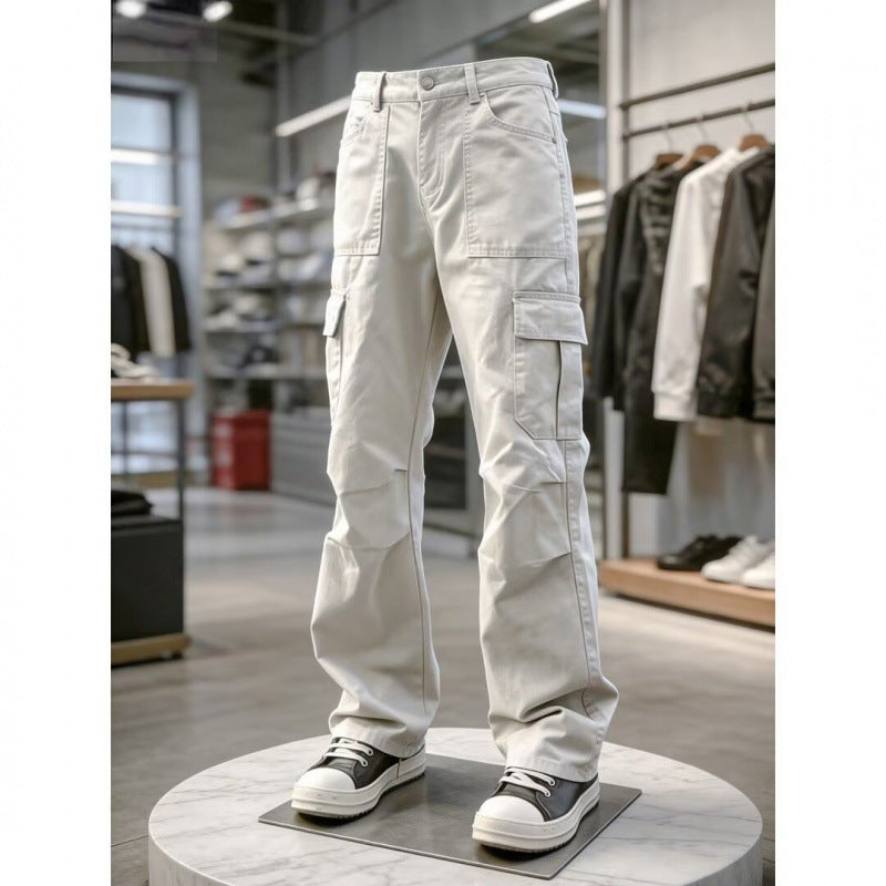 Pantalons de travail multi-pochettes rétro blanc mince
