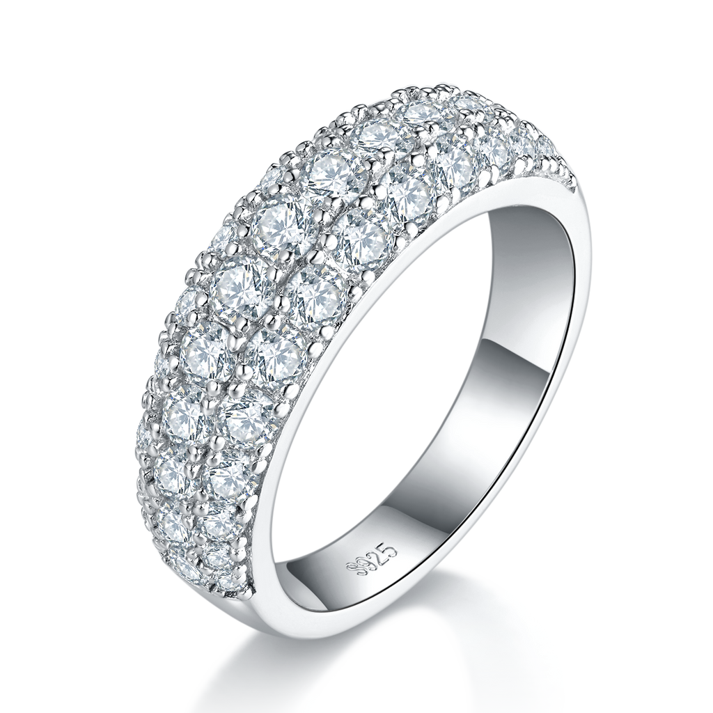S925 Anneau de Moissanite en Argent Sterling 3-Row Pave