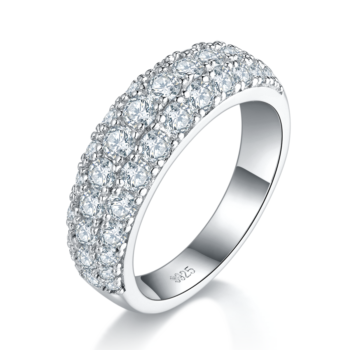 S925 Anneau de Moissanite en Argent Sterling 3-Row Pave