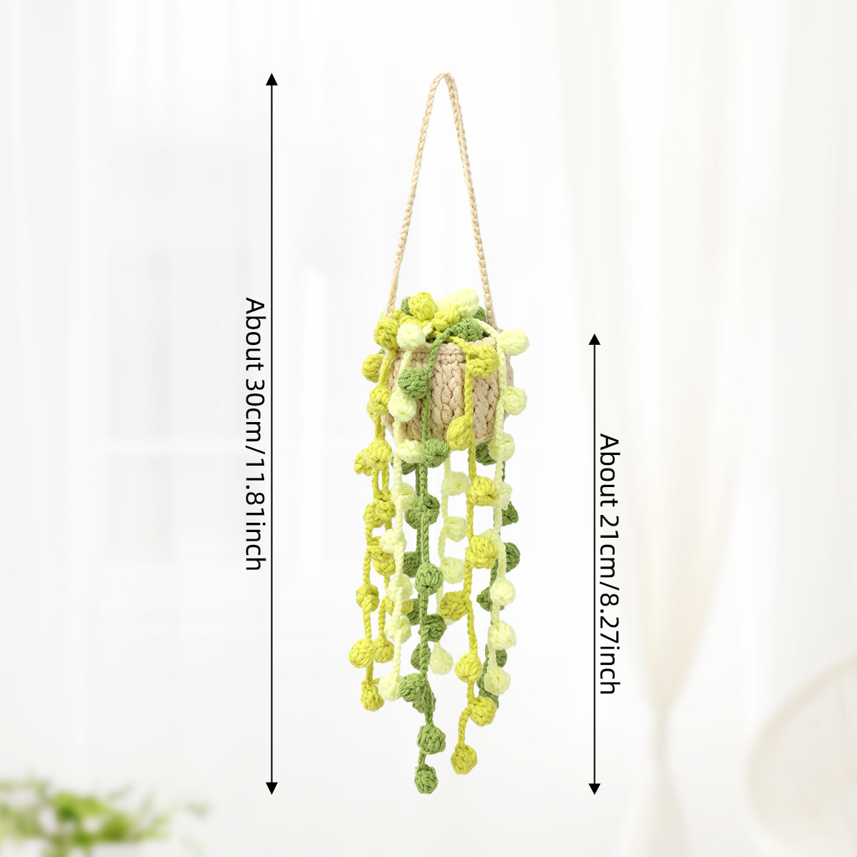 Crochet fait main suspendu Pot ornement avec trailing jaune Bulbous verts Buds et feuille