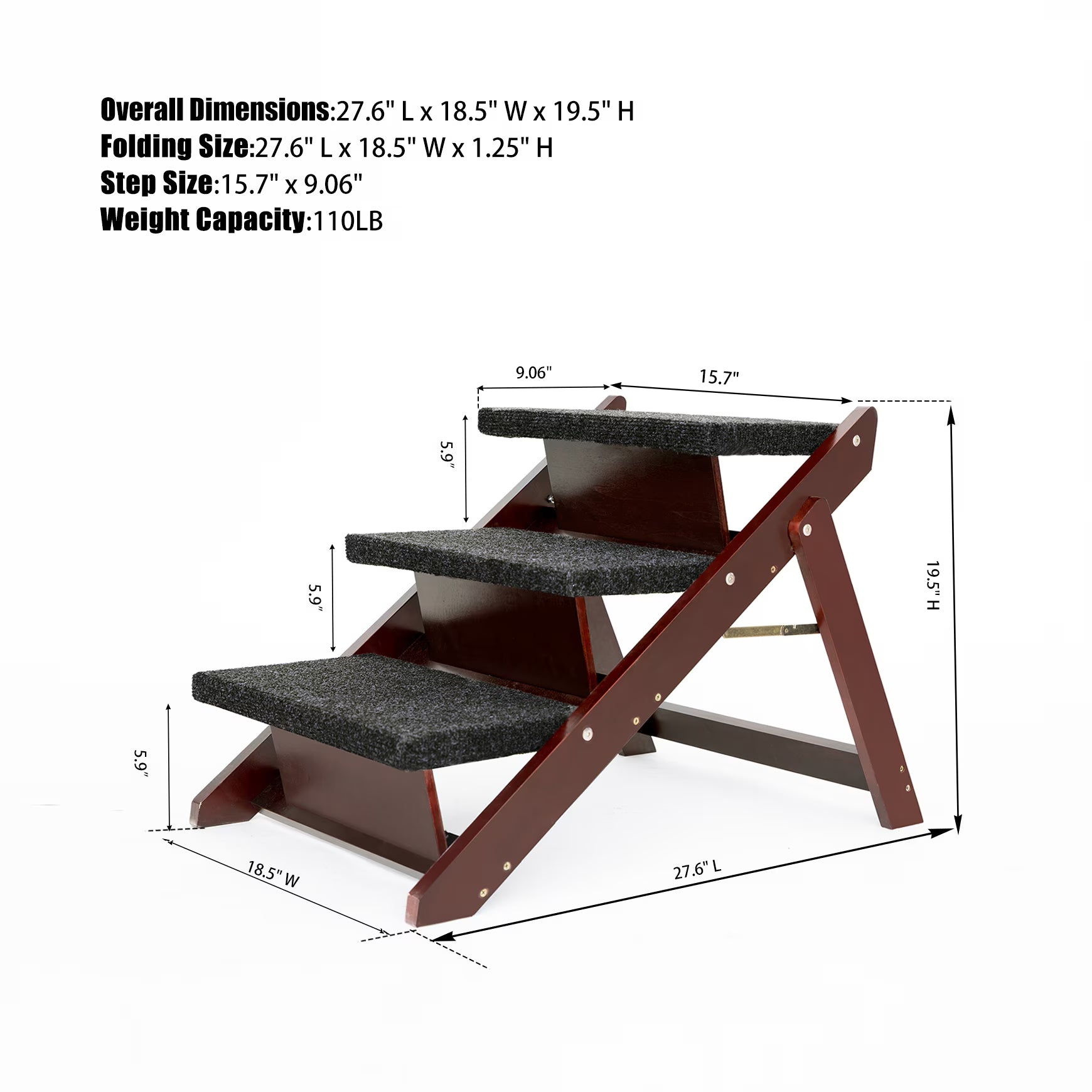 Wood Pet Stairs Pet Steps pliable 3 niveaux Dog Stairs & Ramp Parfait pour les lits et les voitures Po