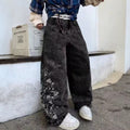 Pantalons de denim à jambes larges brodés à haute hauteur