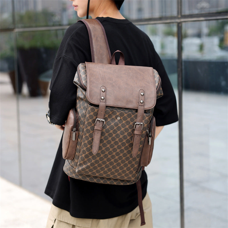 Cuir homme Grande capacité Hommes et femmes Trendy Plaid Sac à dos