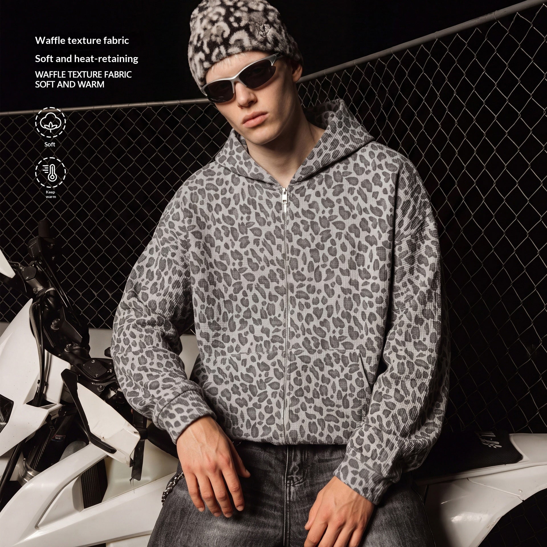 Veste sweat zippée à capuche en maille gaufrée