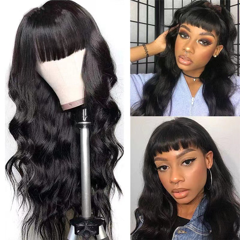 Perruque féminine Air Bangs Long Curly cheveux Big Wave Roll noir Moyen chimique cheveux fibre