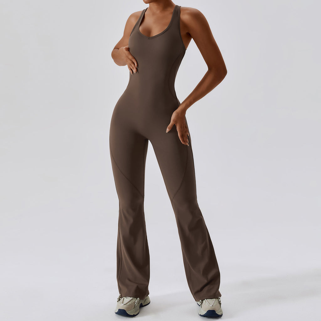 Femmes Quick Dry One Piece Yoga Jumpsuit Haute Taille Tummy Control Butt Lifting Flared Leg B