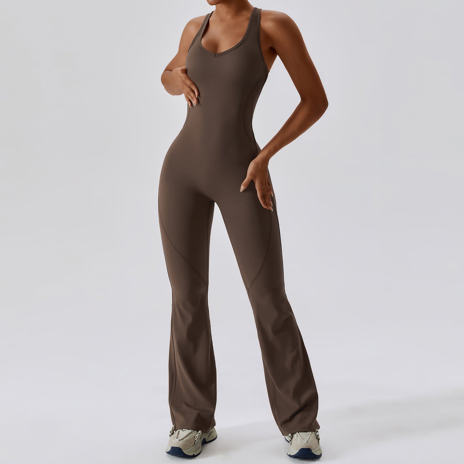 Femmes Quick Dry One Piece Yoga Jumpsuit Haute Taille Tummy Control Butt Lifting Flared Leg B