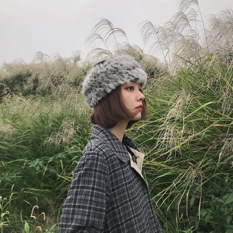 Influenceur Style Lapin Fur Visor pour l'automneHiver chaud Fashionable et large bande de tête en peluche