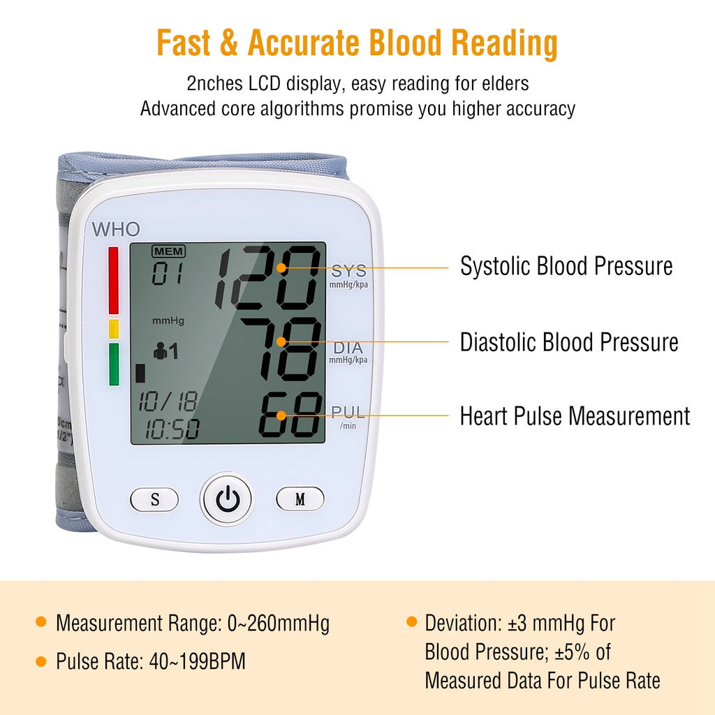 1Pc Blood Pressure Monitor Wrist Digital High Blood Pressure Cuff Heartbeat Tester avec 90