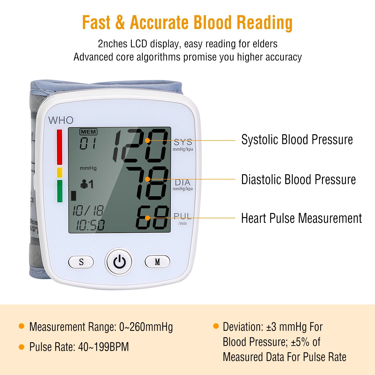 1Pc Blood Pressure Monitor Wrist Digital High Blood Pressure Cuff Heartbeat Tester avec 90