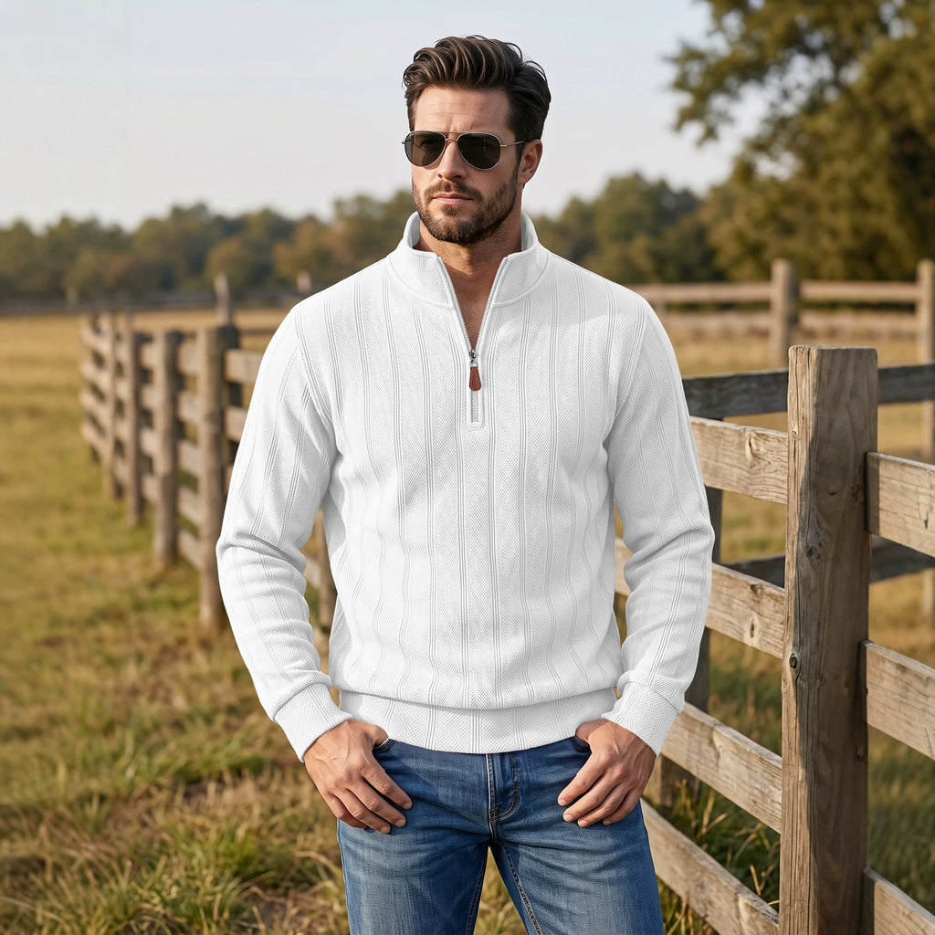 TK Hommes Vertical Stripe Waffle Half-Zip Stand Collar Long Sleeve Top