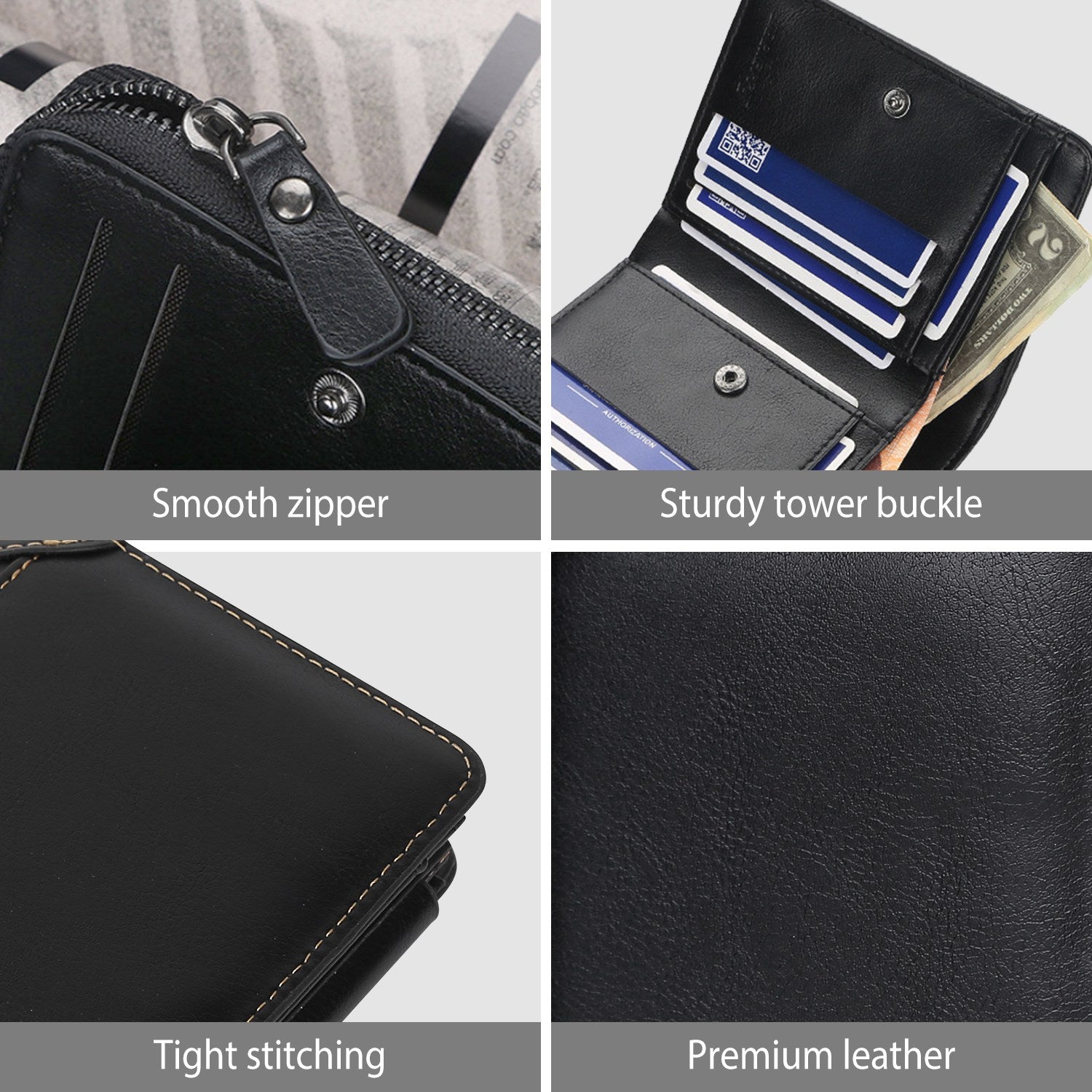 Porte-cartes en cuir de portefeuille 1Pc Hommes Purse Trifold embrayer Zipper argent avec fenêtre d'identification 14