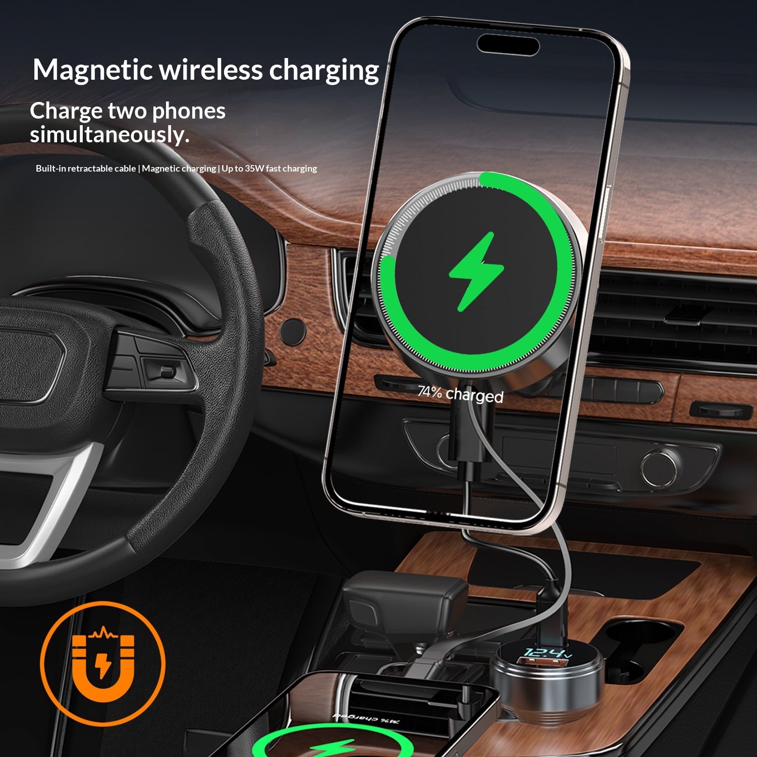 Chargeur de voiture sans fil magnétique 2-en-1 avec support de téléphone pour véhicules