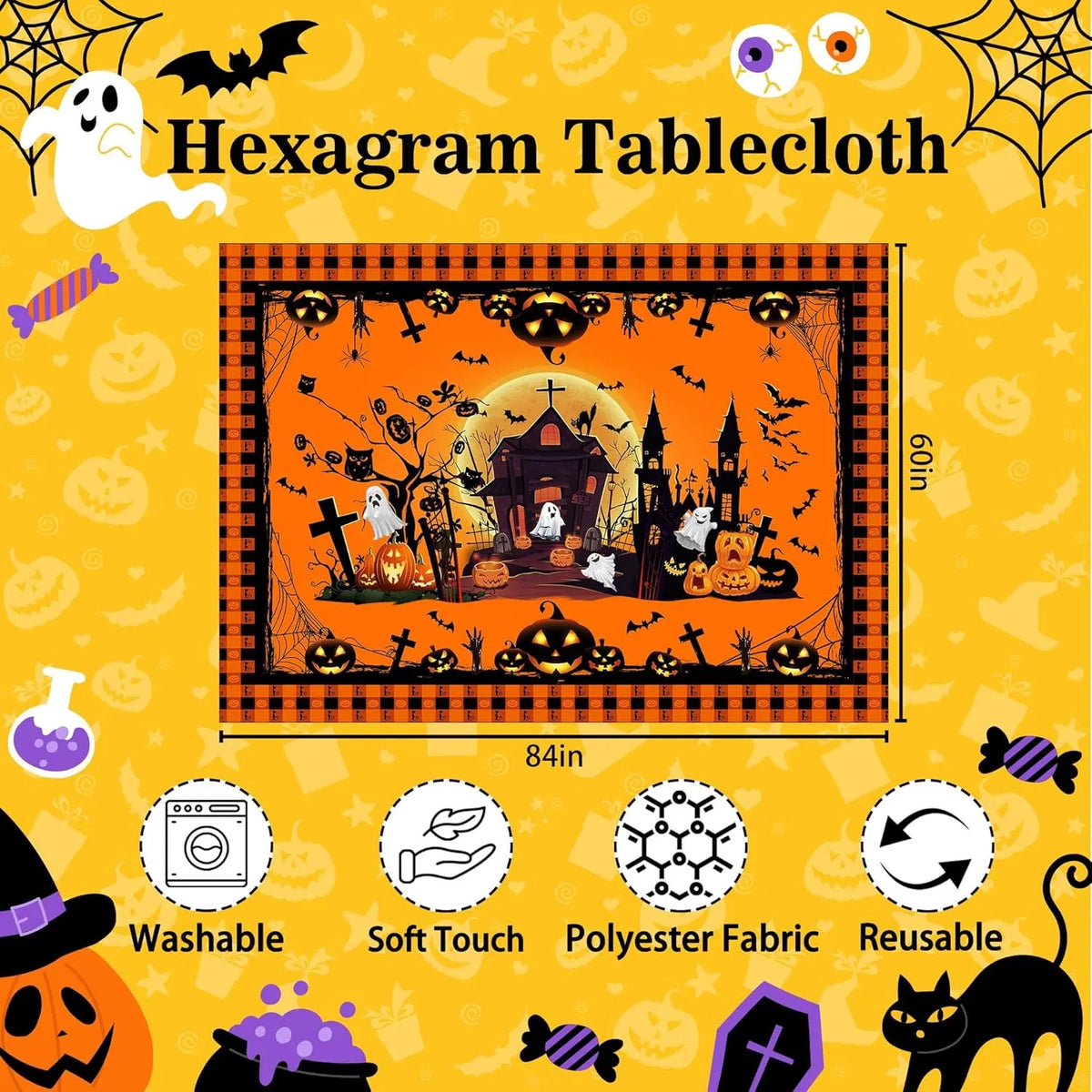 Hexagram Halloween nappe Rectangle citrouille nappe 60 x 84 pouces Château Ghost Ta