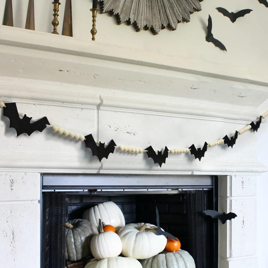 Halloween Wood & Felt Bat Garland 56 Décor de bannière de suspension intérieure pour cheminée Mantel