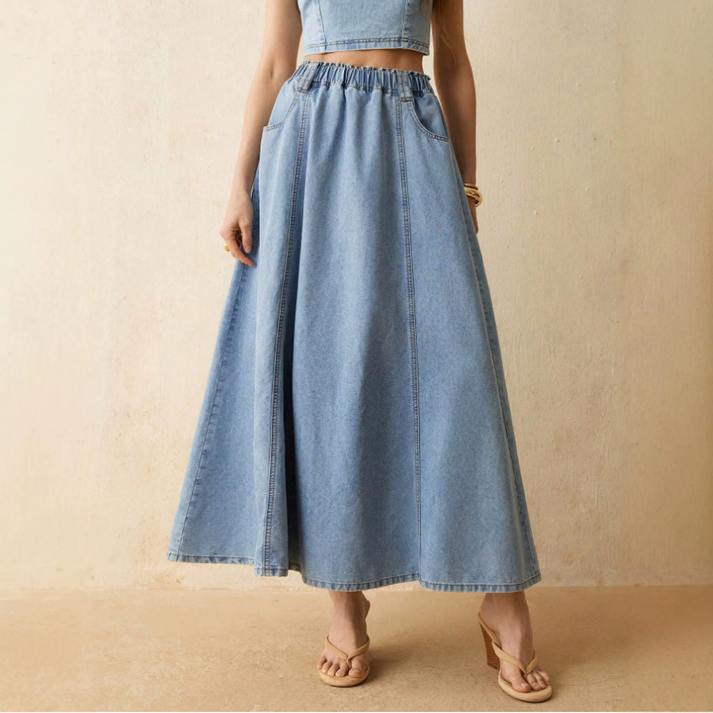 Jupe de denim décontractée lavée par les femmes avec la taille élastique et l'ourlet