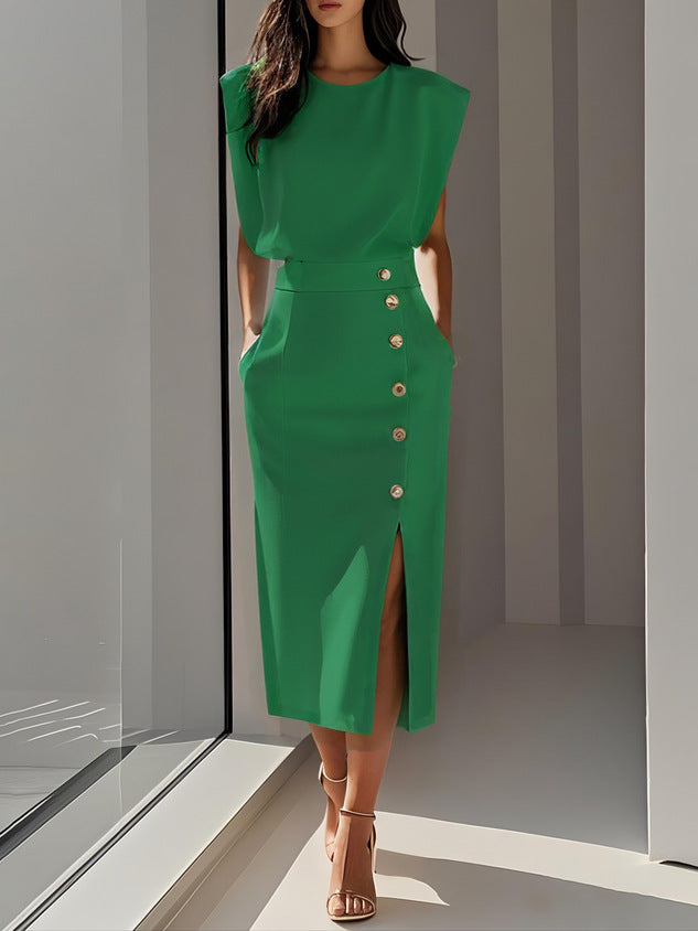 European and American Women's Round Neck Bouton sans manches Slit Solid Color Fashionable Ve