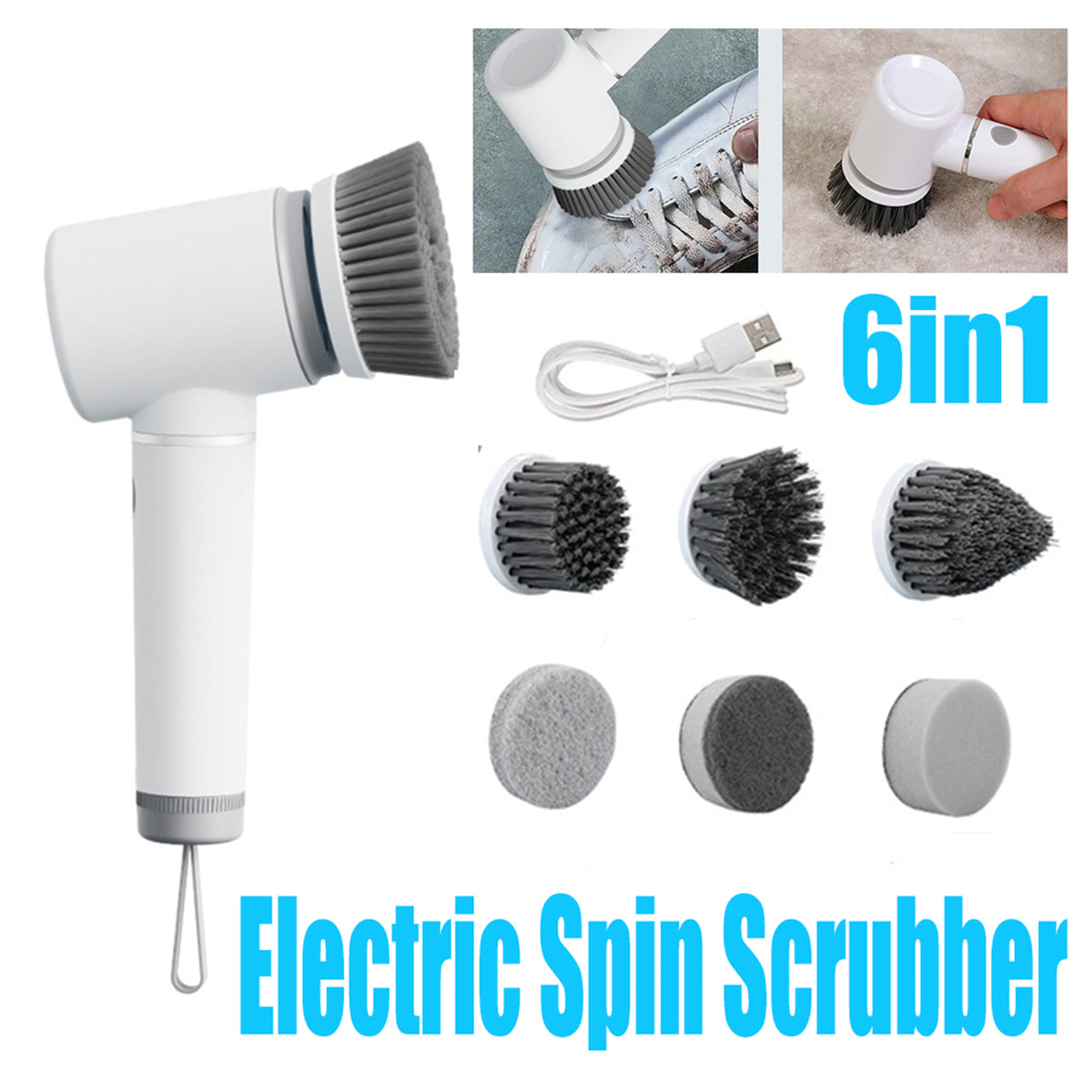 6en1 Brosse de nettoyage rechargeable sans fil avec 6 têtes