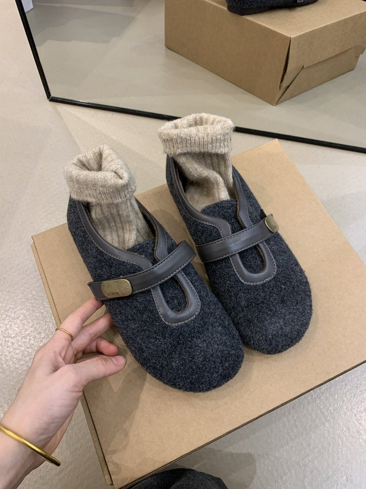 Femmes Automne Round Toe Woolen Retro Velcro Ballet Flats