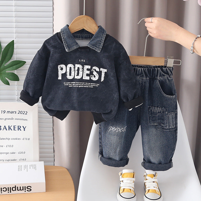 Trendy Denim Collar Ensemble à deux pièces pour garçons