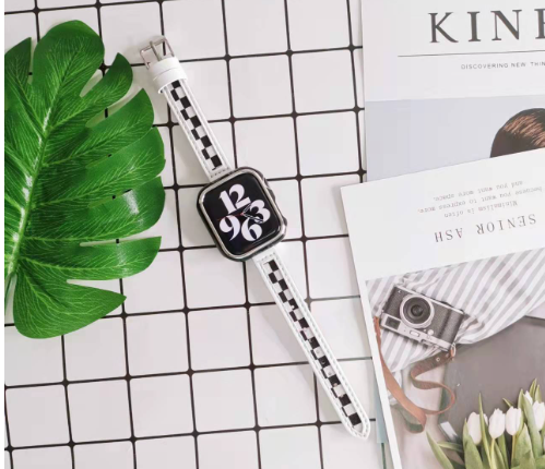 Iwatch7 654321 Black and White Checker Toile Bracelet en cuir