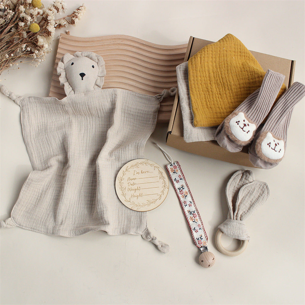 Bébé lapin Lion Appasing Serviettes Chaussettes Saliva Serviette Laver Cadeau Boîte Newborn Bite Anneau Cheveux B