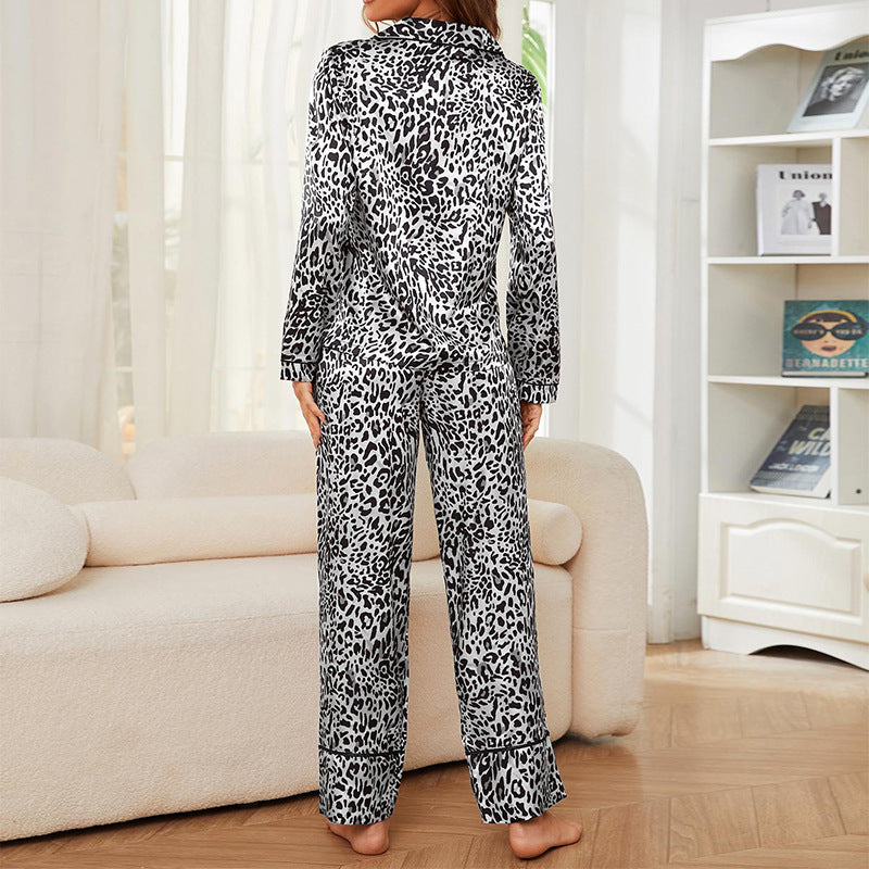 Leopard imprimé Lapel Viscose Haut à manches longues et pantalons Ensemble de deux pièces de lounge